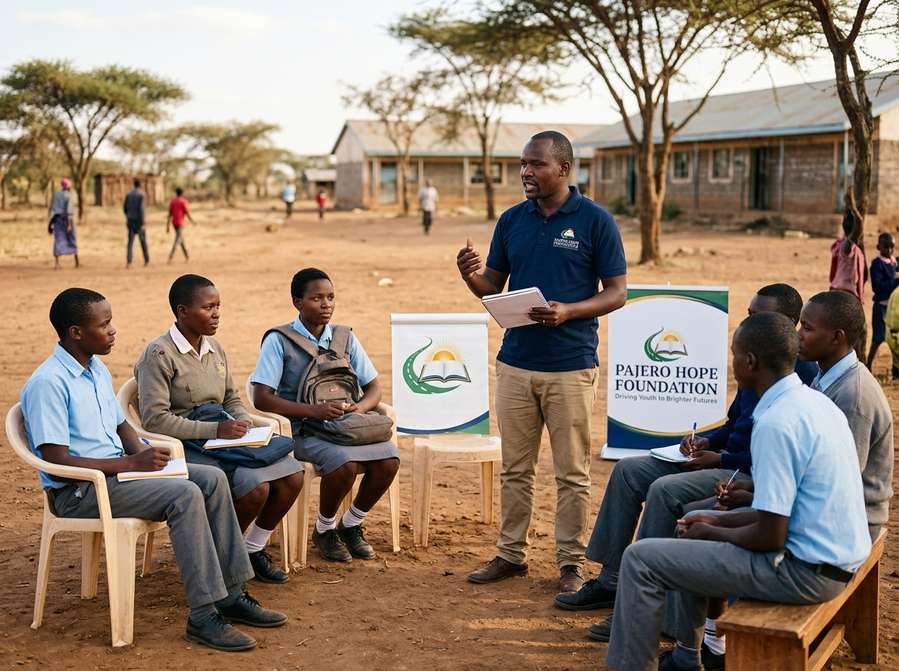 A mentor addressing a student group outdoors — inspiration under the open sky, with Mt. Kilimanjaro in view.