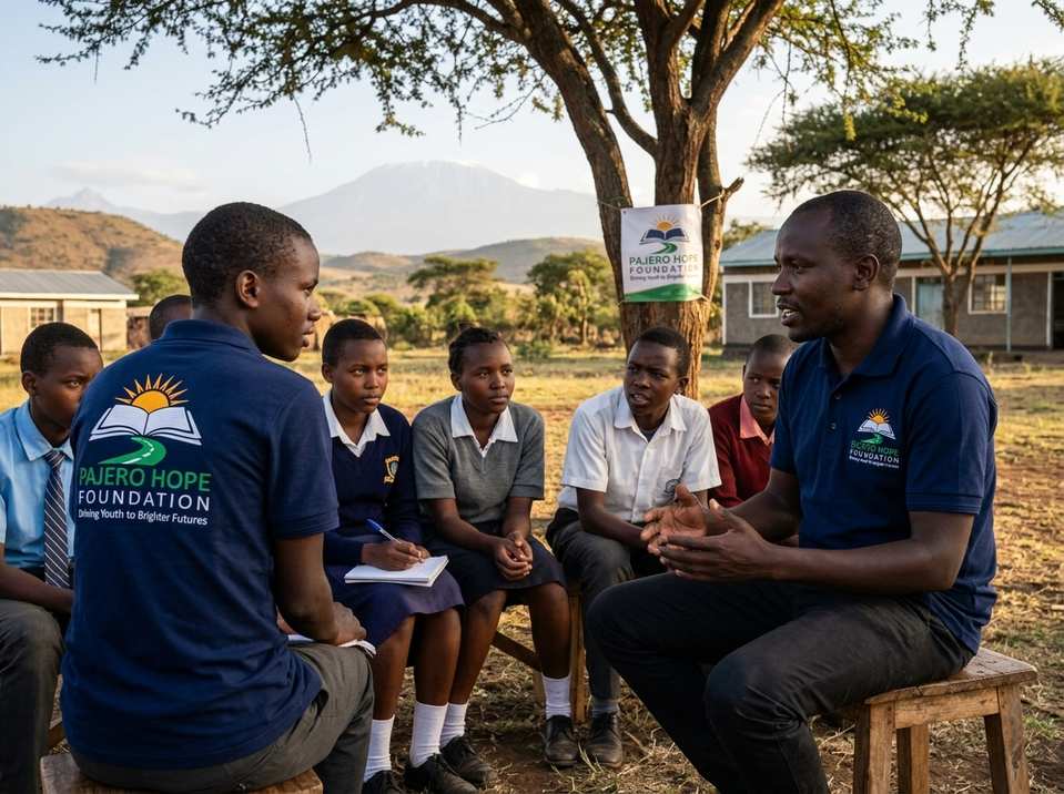 A Pajero Hope Foundation mentor in discussion with students, with Mount Kilimanjaro rising in the background