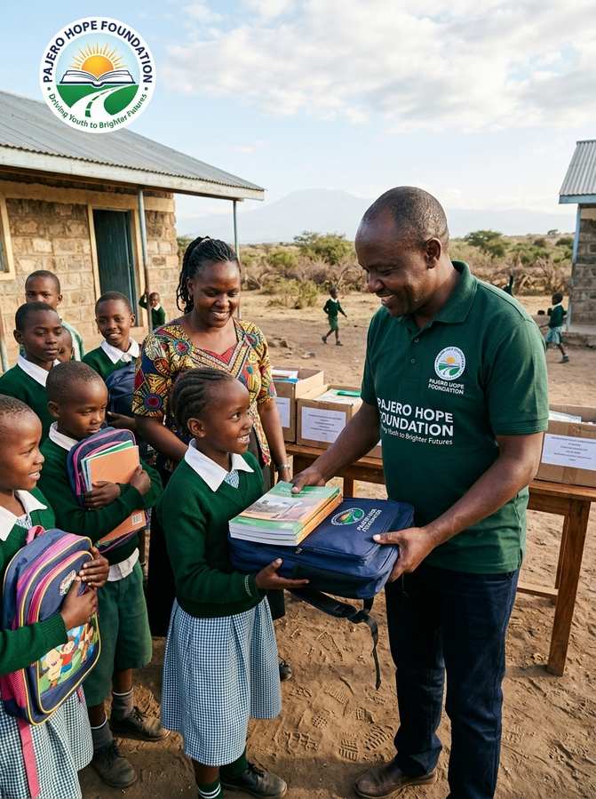 A young girl receives a backpack of school supplies — a small gift that lifts a big burden off a family.