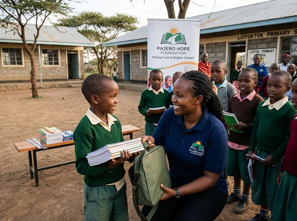 Distributing books to a young boy — every book is another step on the road to a brighter future.