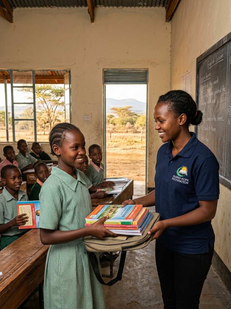 Our staff handing out books in the classroom — putting learning materials directly into students' hands.