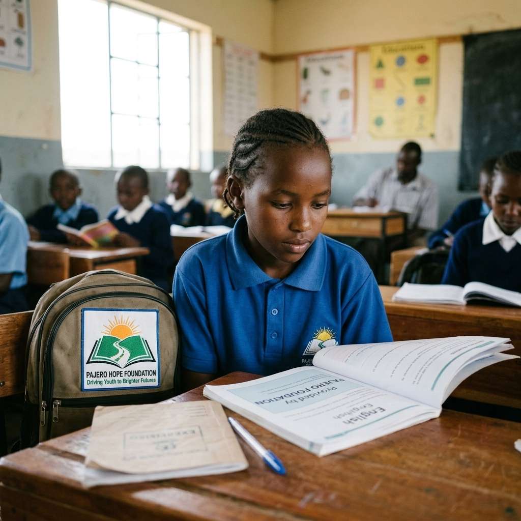 A student studying at her desk — the quiet, daily work of learning that your support makes possible.